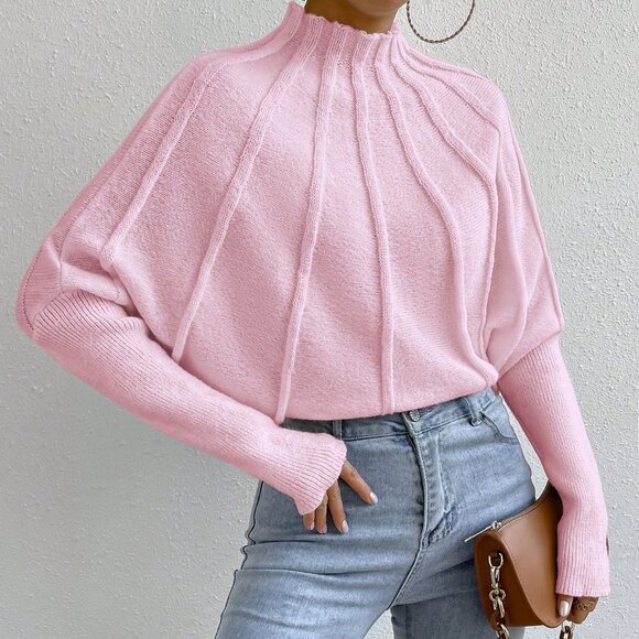 Pink Casual Women's Stand Collar Pullover Sweater - Picture 5 of 7